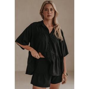 Sabo Black Luna Top Tiered Ruffle Cotton Ramie Button Front Blouse - Size S